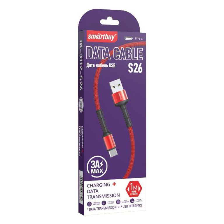 Кабель USB-TypeC 1м SmartBuy S26 красный