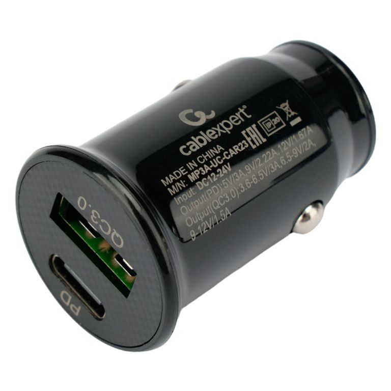 Адаптер авто USB+TypeC Cablexpert MP3A-UC-CAR23 чёрный